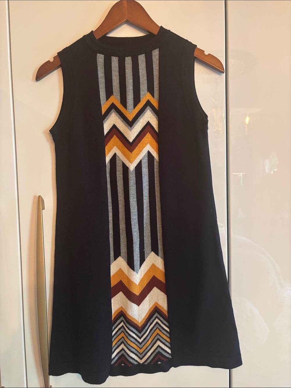 Missoni Black Sleeveless Mini Dress with Mustard, Rust & White Chevron